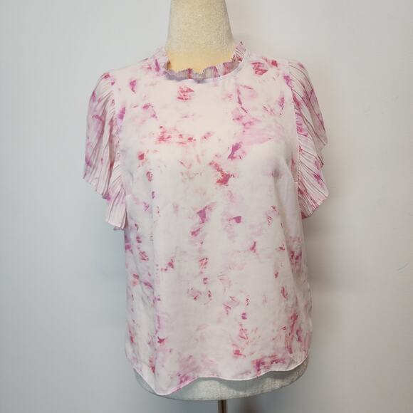 Nine West Pleated Ruffle Sleeve Blouse Size L Pink Chiffon Wearable Art Career - Picture 2 of 15